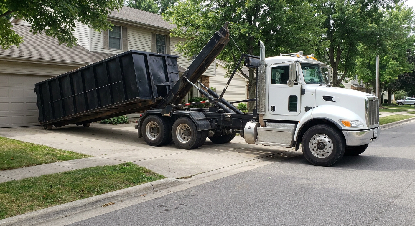 White-cab hooklift roll-off truck actively lowering a matte-black dumpster onto a Manchester residential concrete driveway, the dumpster's rear wheels touching the driveway as the hoist arm tilts the bed forward, mid-morning daylight.