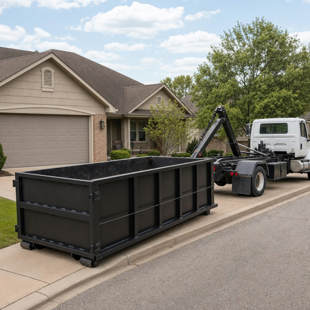 Wide documentary shot of a matte-black roll-off dumpster on a Manchester residential driveway in the foreground and a contractor jobsite container in the soft-focus background, bright daylight, calm and orderly composition.